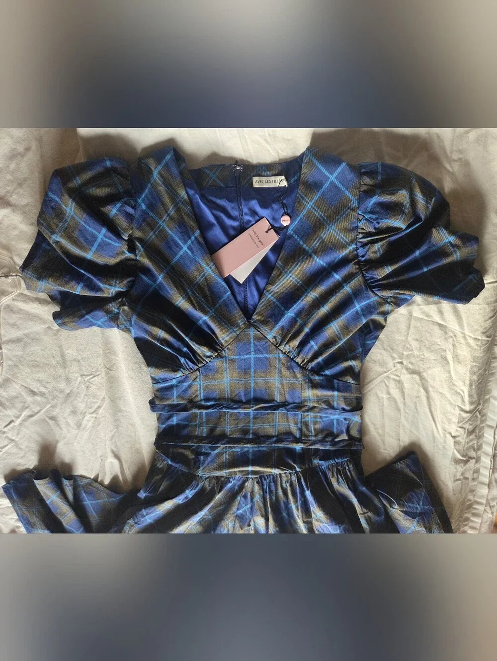 NWT Avec Les Filles Plaid Puff Sleeve Tie Belt Midi Dress - Size 12